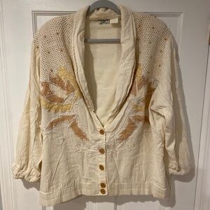 Venezia Vitale Vintage Cream Linen Cardigan with Shawl Collar & Floral Appliques